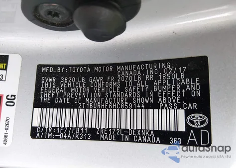 2017 Toyota Corolla Le z USA, uszkodzony, nr VIN 2T1BURHE6HC859144